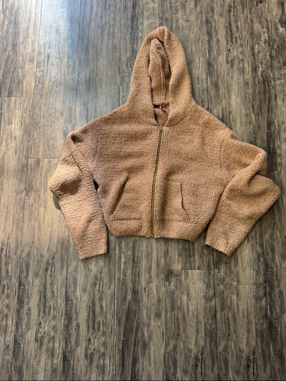 SKIMS Cropped Teddy Zip Hoodie in Camel Brown